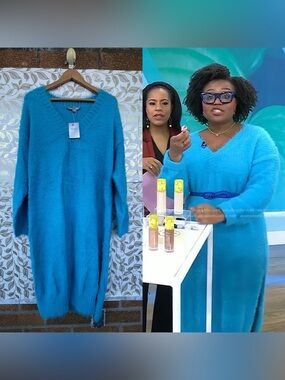 Hanifa Zina Blue Fuzzy Eyelash Knit Maxi Dress XL V-Neck Slit Luxury Core